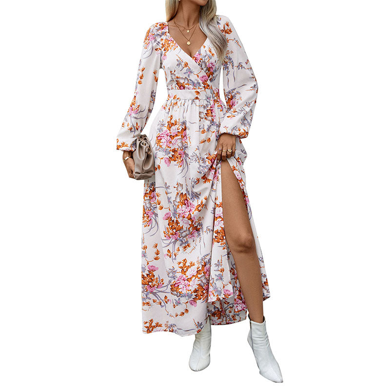 Robe imprimée à manches longues pour femme, vêtement d'automne