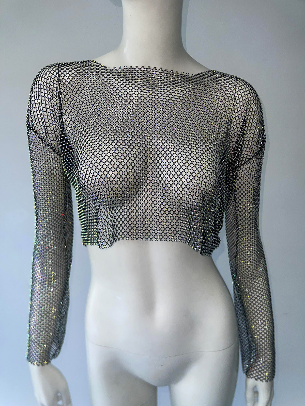 Women's American Cool High-grade Rhinestone Mesh Long-sleeved Blouses