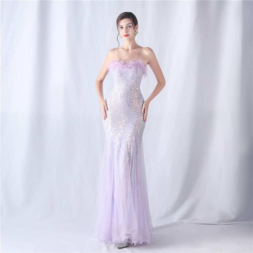 Positioning Flower Cutting Tube Sequin Gauze Evening Dresses