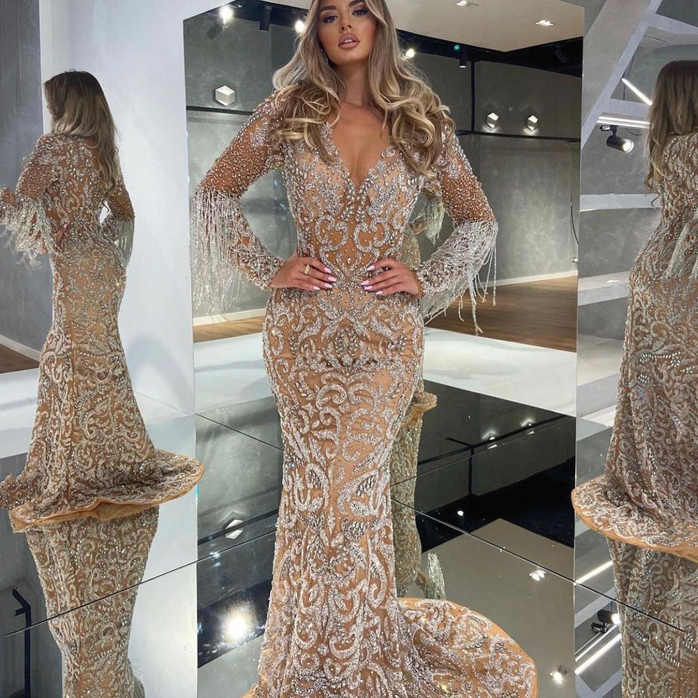 Women's Spring Dress Fishtail Gold Tassel Elegant Wedding Dresses