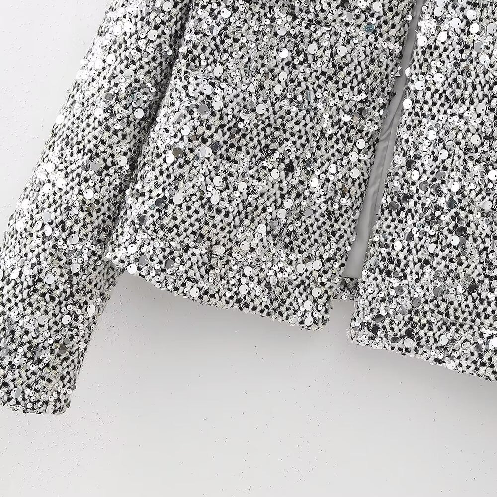 Women's Round Neck Pure Color Sequins Decorative Blazers