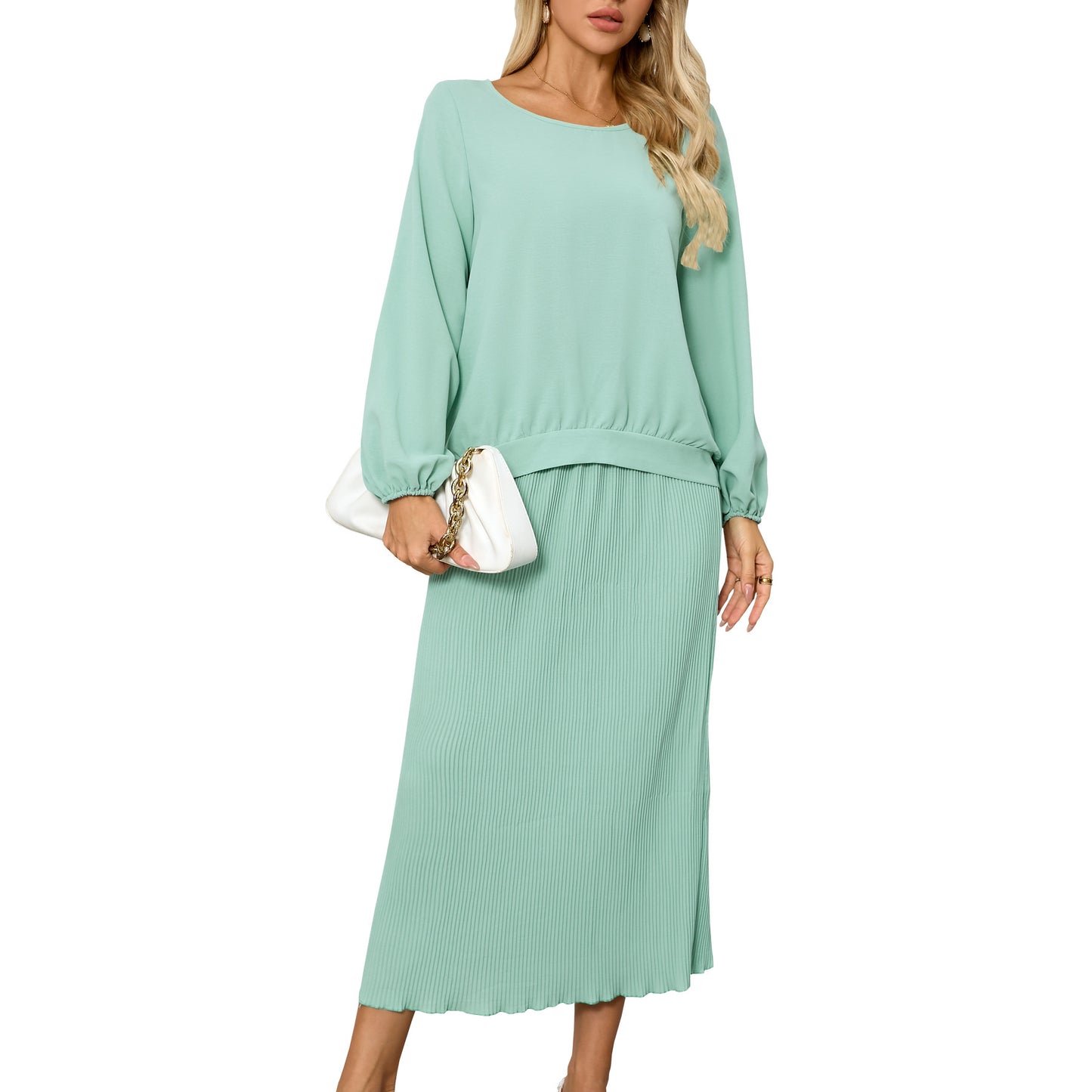 Women's Casual Round Neck Long Sleeve Pleated Suits