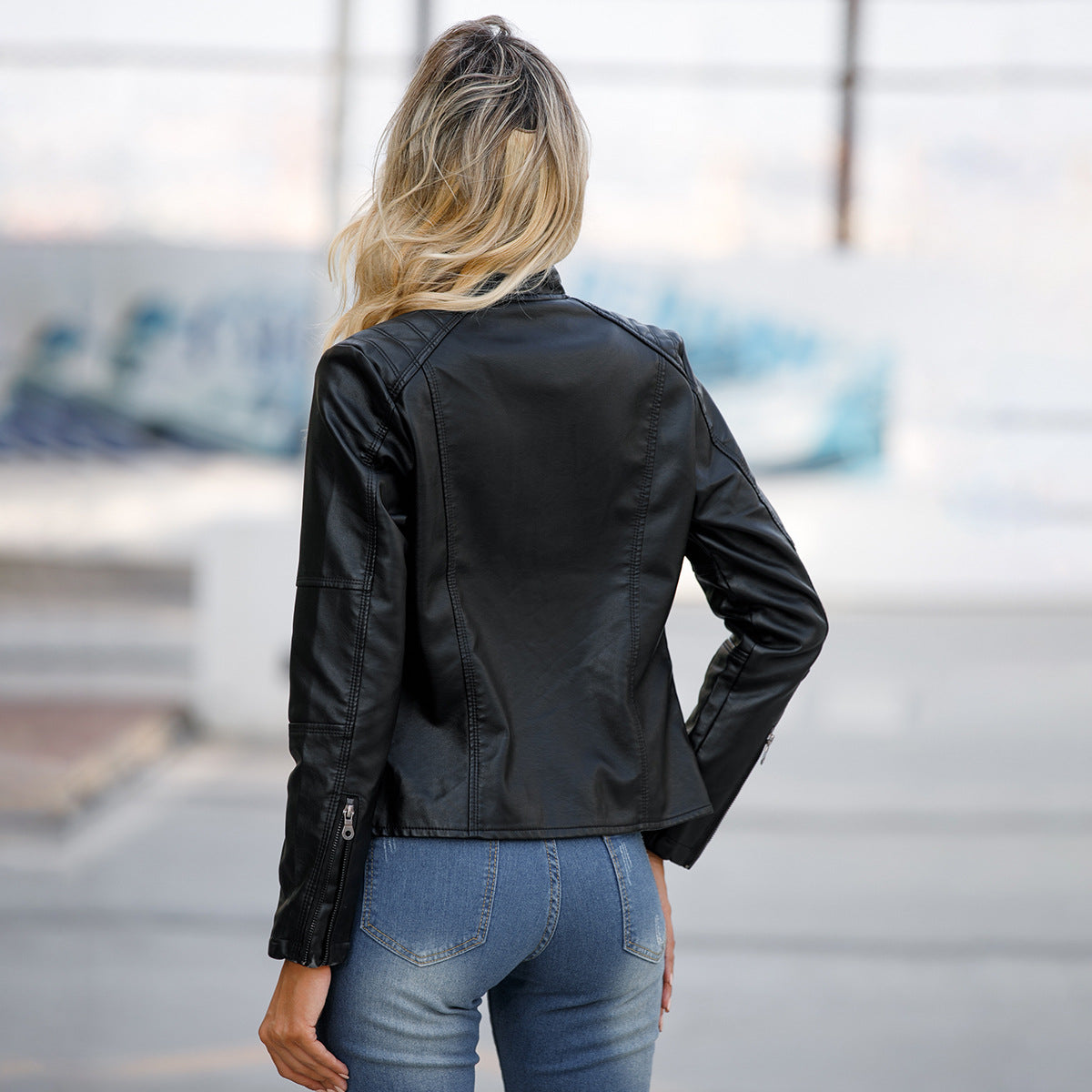 Women's European Leather Slim Thin Motorcycle Stand Jackets