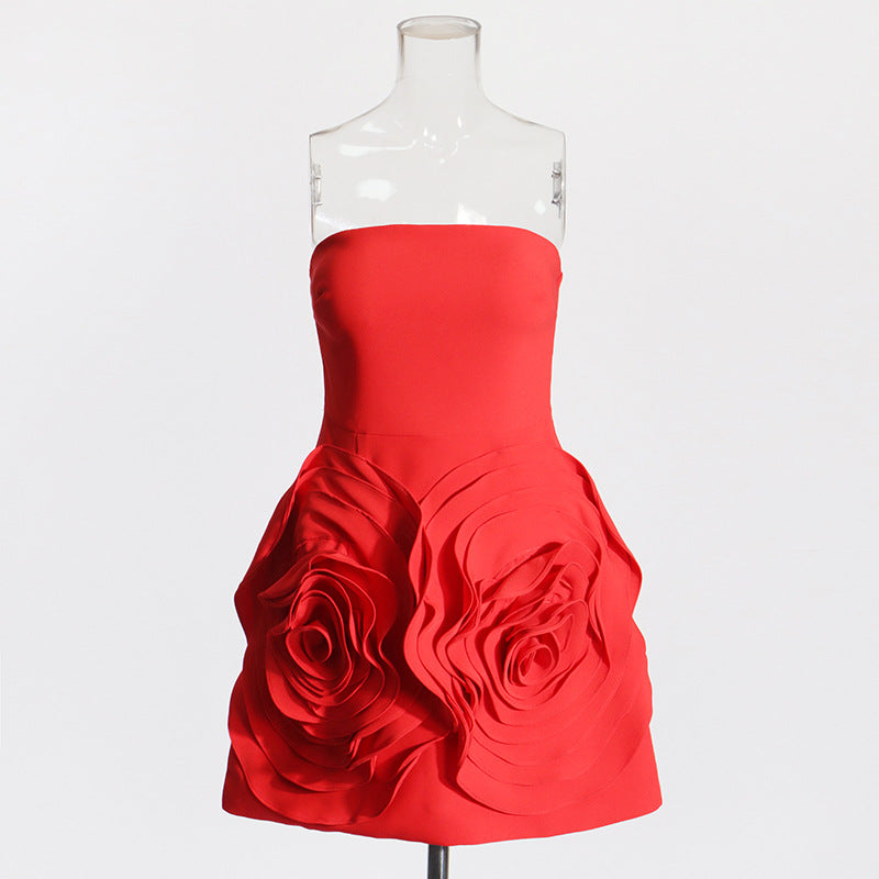 Women's Spring Stitching Solid Color High Waist Rose Decorative Dresses