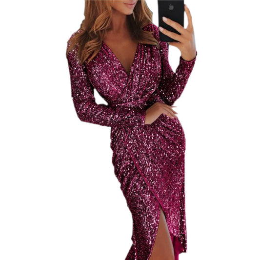 Robe de soirée sexy à manches longues et brillante pour femme