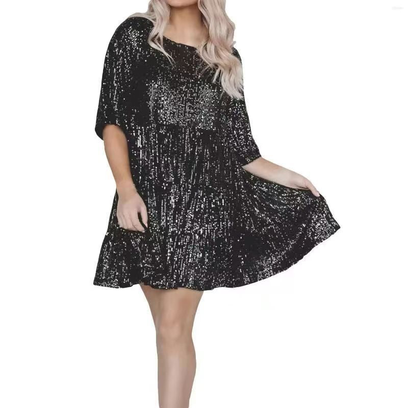 Sequins Round Neck Loose Waist Sleeves Dresses