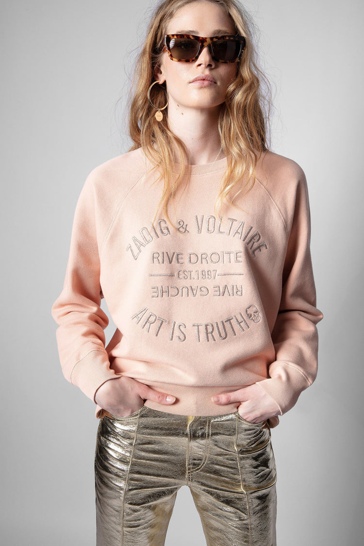 Pulls en coton rose brodés classiques pour femmes de la minorité française d'automne