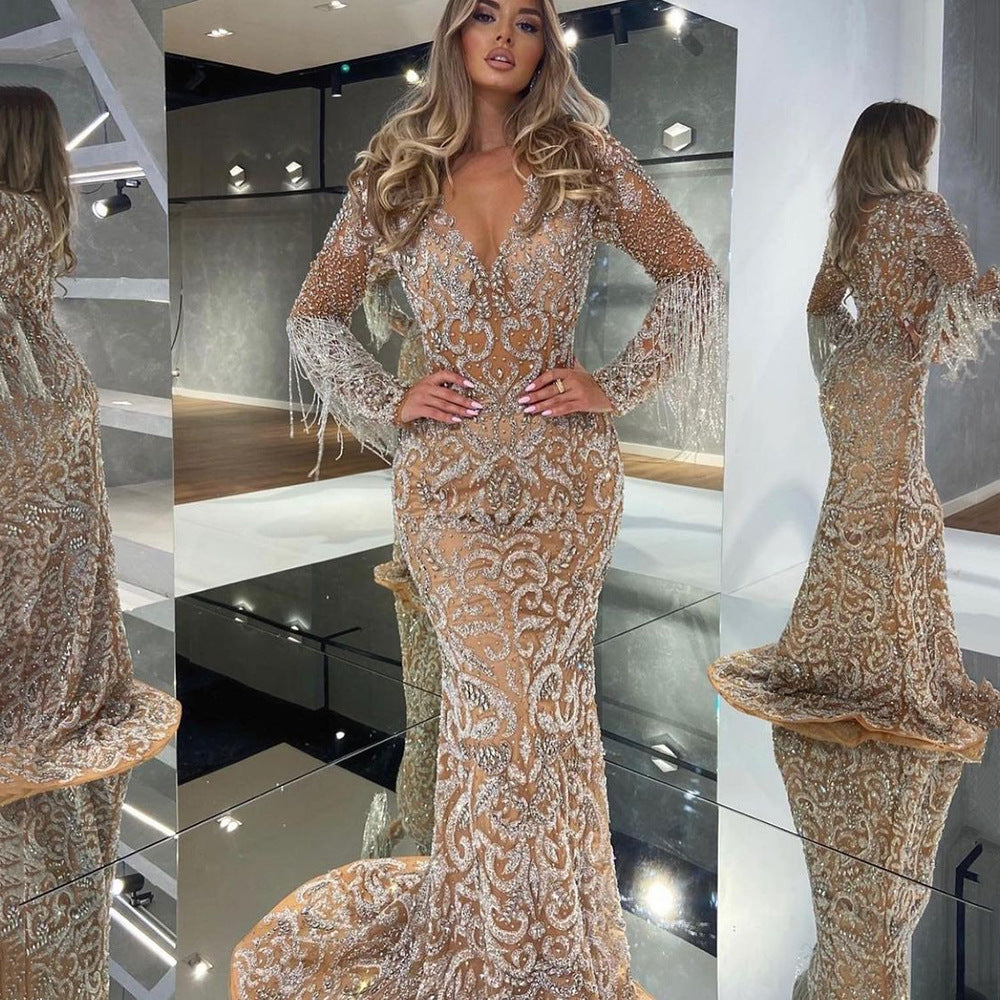 Women's Spring Dress Fishtail Gold Tassel Elegant Wedding Dresses