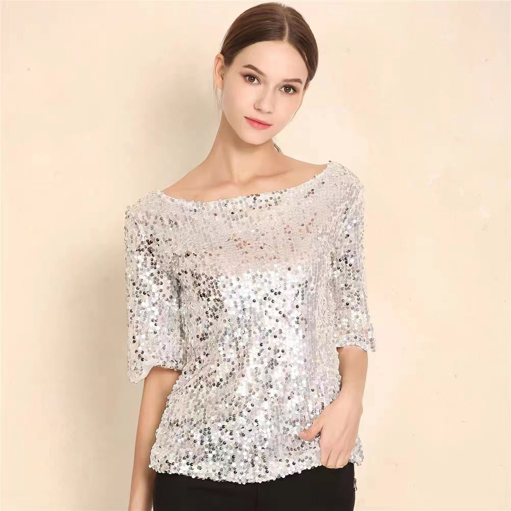 Women's Sleeve Solid Color Sequin Sequined T-shirt Knitwear