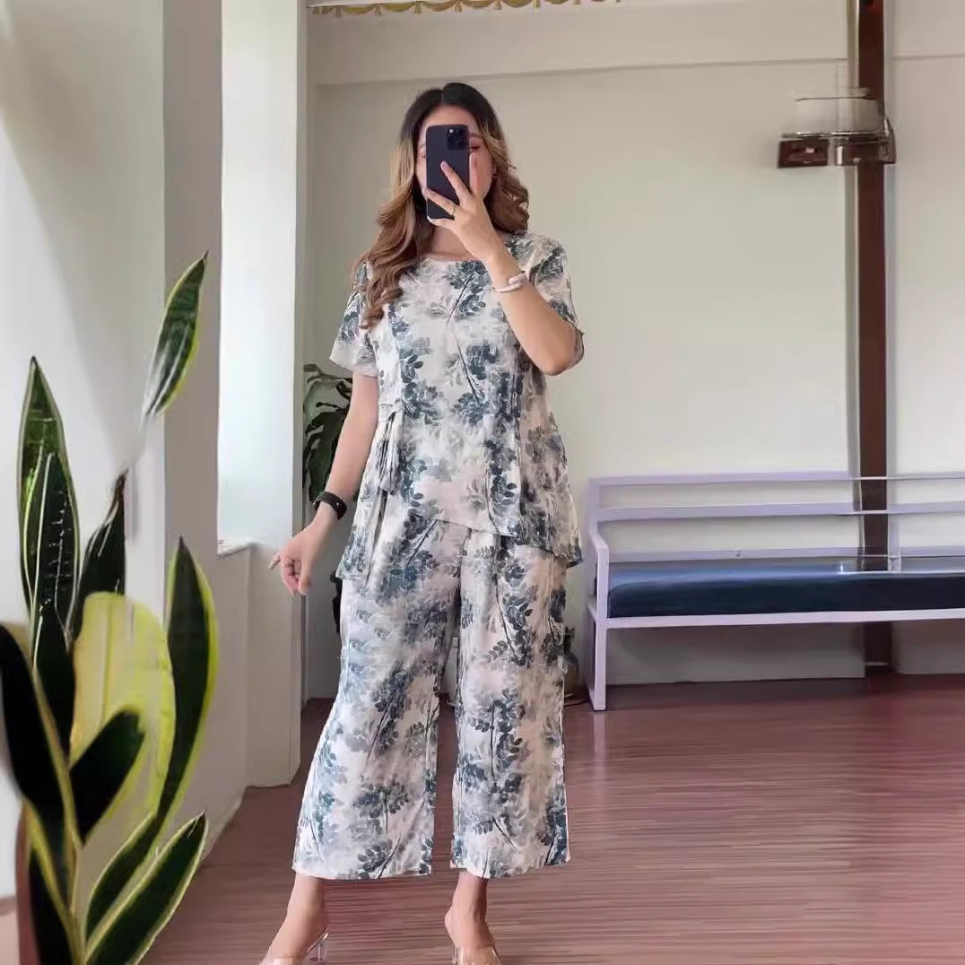 Ensemble pantalon fendu à manches courtes et imprimé floral d'été