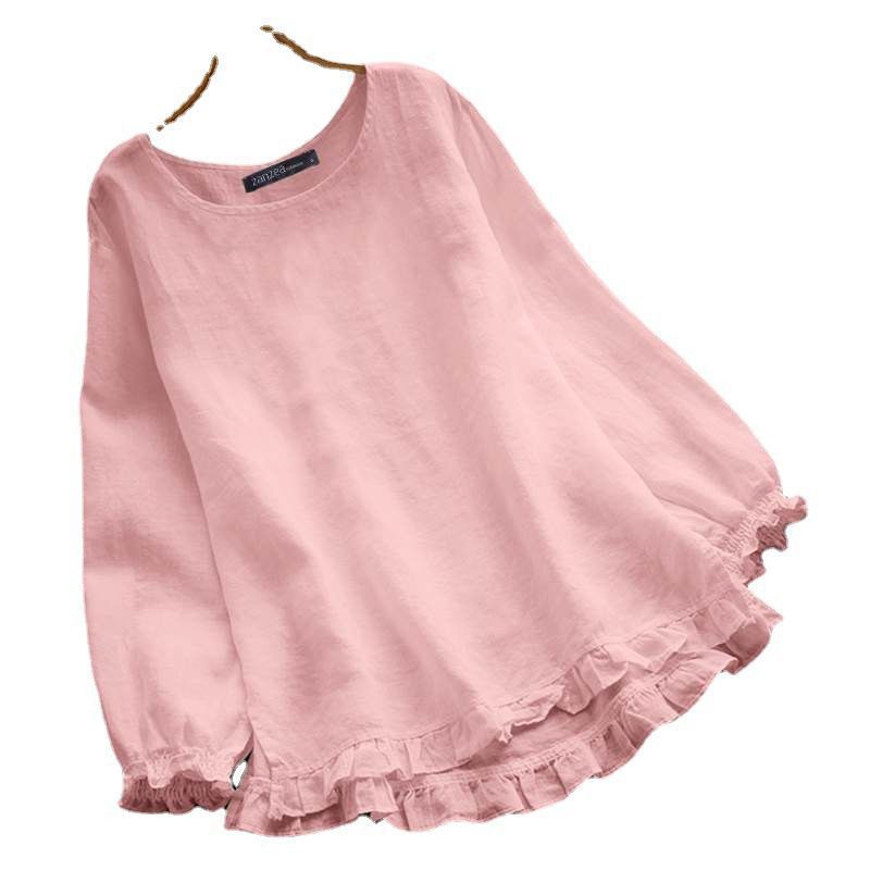 Women's Round Neck Long Sleeve Ruffled Hem Blouses