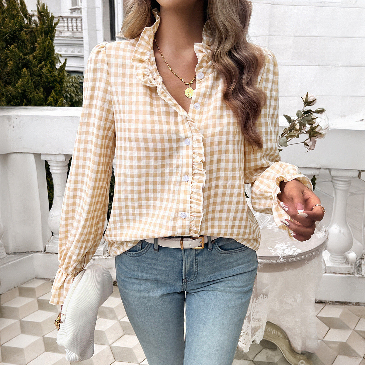 Women's French Contrast Color Button Shirt Blouses