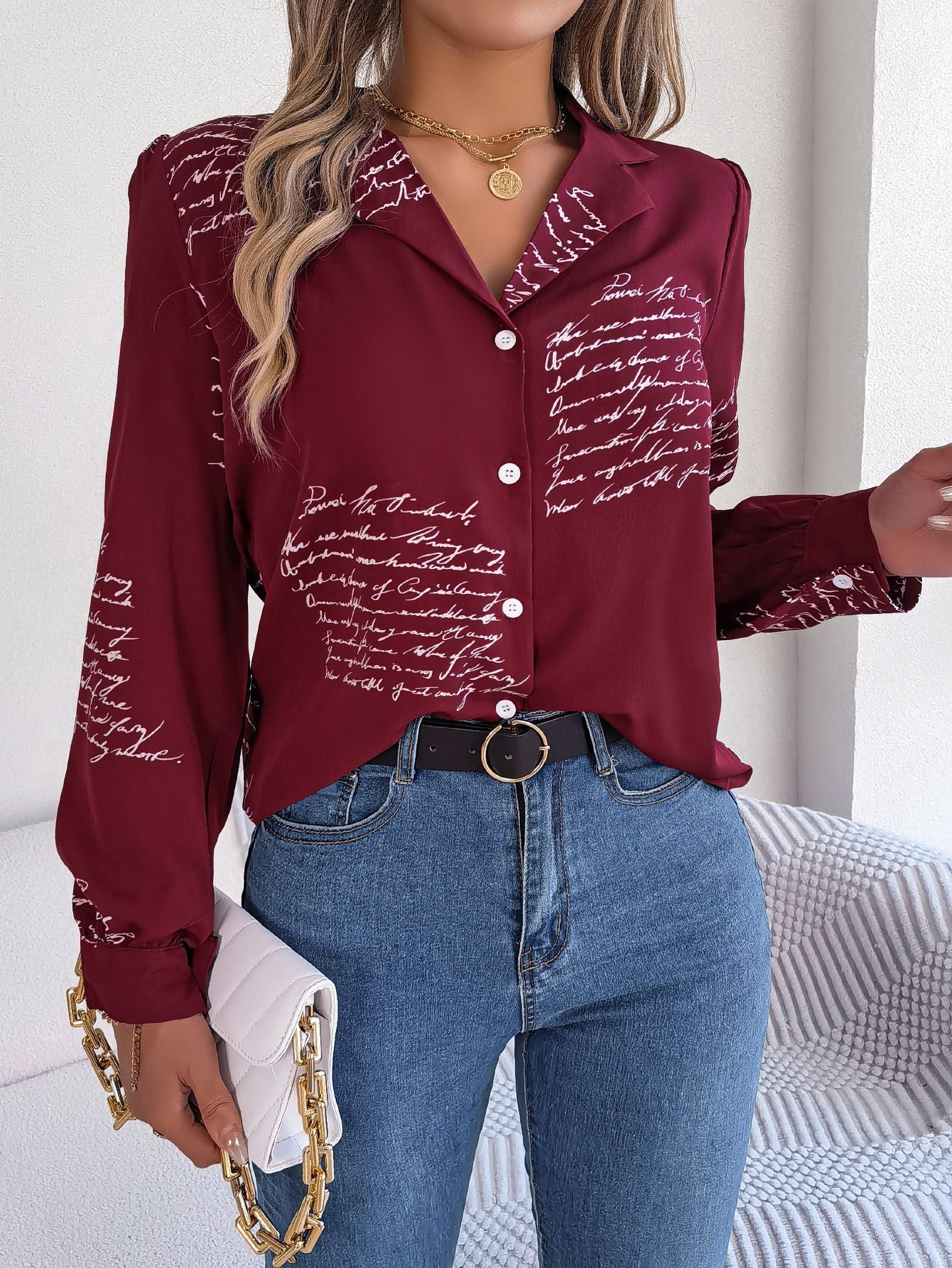 Women's Casual Letters Collar Long Sleeve Shirt Blouses