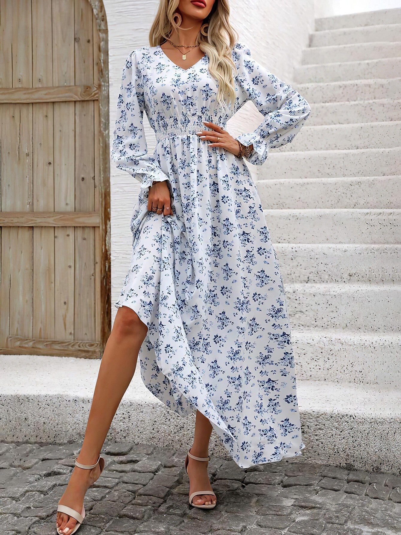 Robe longue imprimée à manches longues pour femme, mode automne