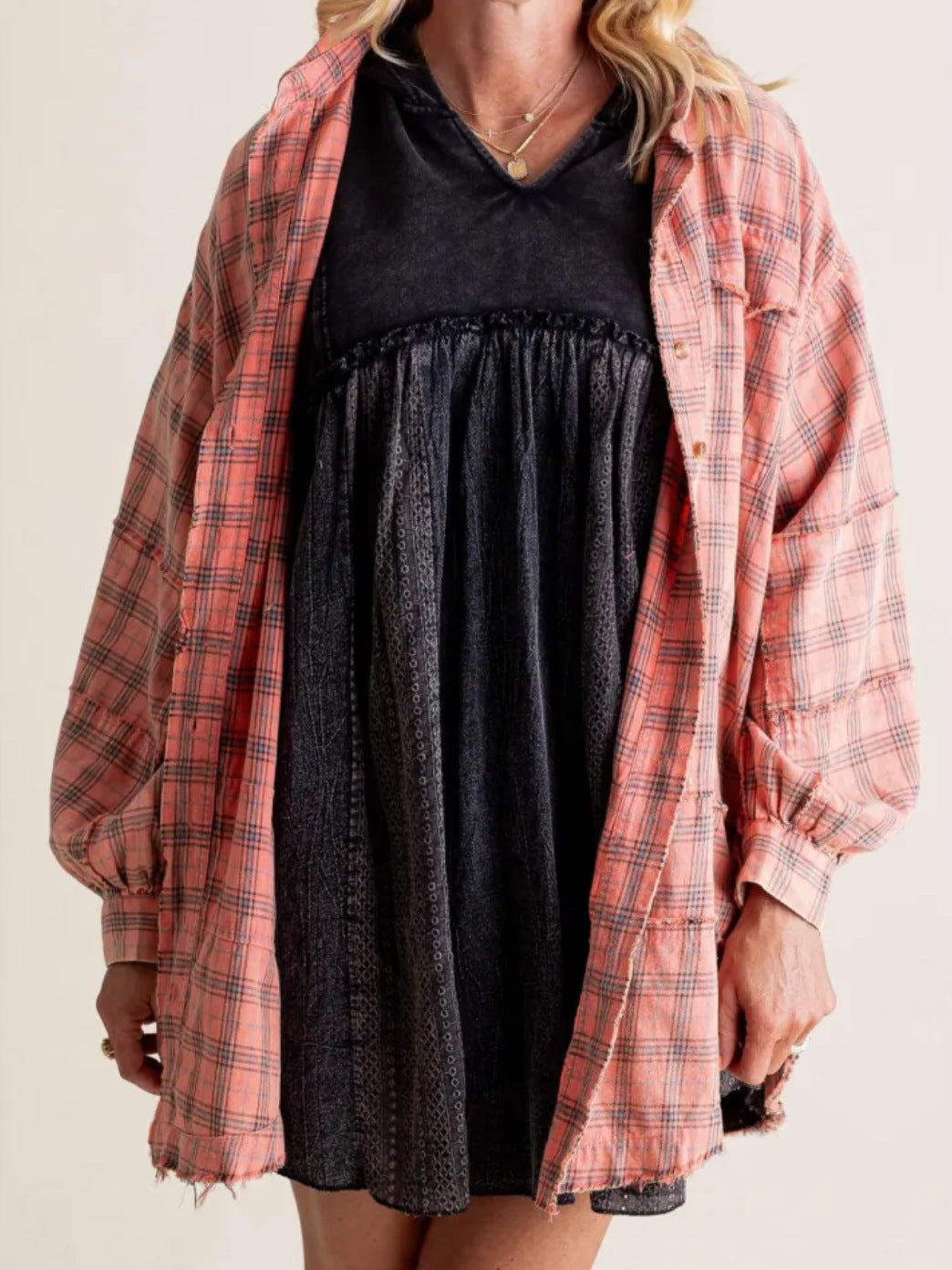 Women's Frayed Lantern Sleeve Loose Button Plaid Blouses