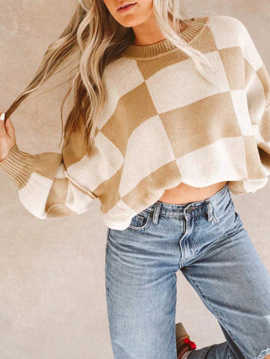 Women's Casual Plaid Long-sleeved Autumn Pullover Crew Knitwear