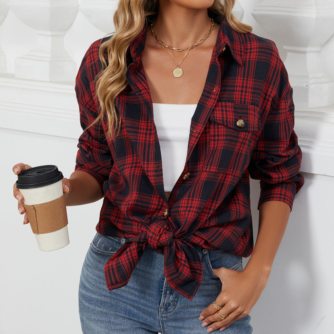 Style Plaid Shirt Brushed Long Sleeve Blouses