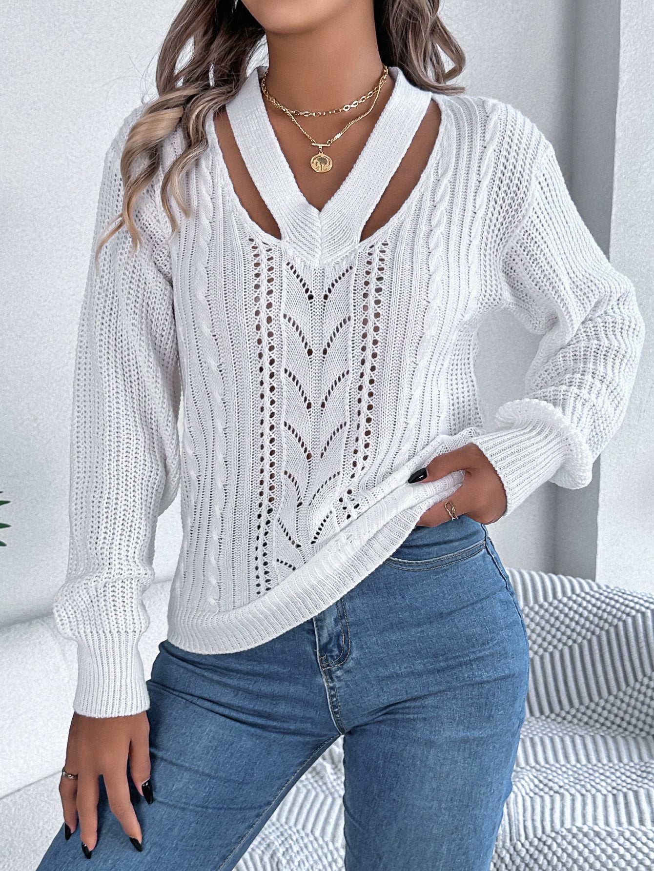 Women's Casual Hollow Out Twist Lantern Sleeve Sweaters