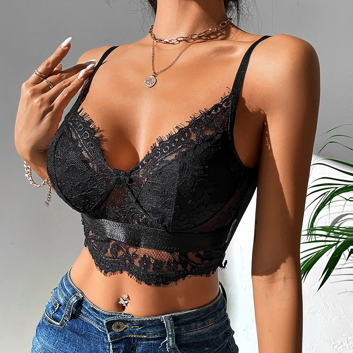 Women's Lace Splicing Sling Nightclub Hot Nude Tops