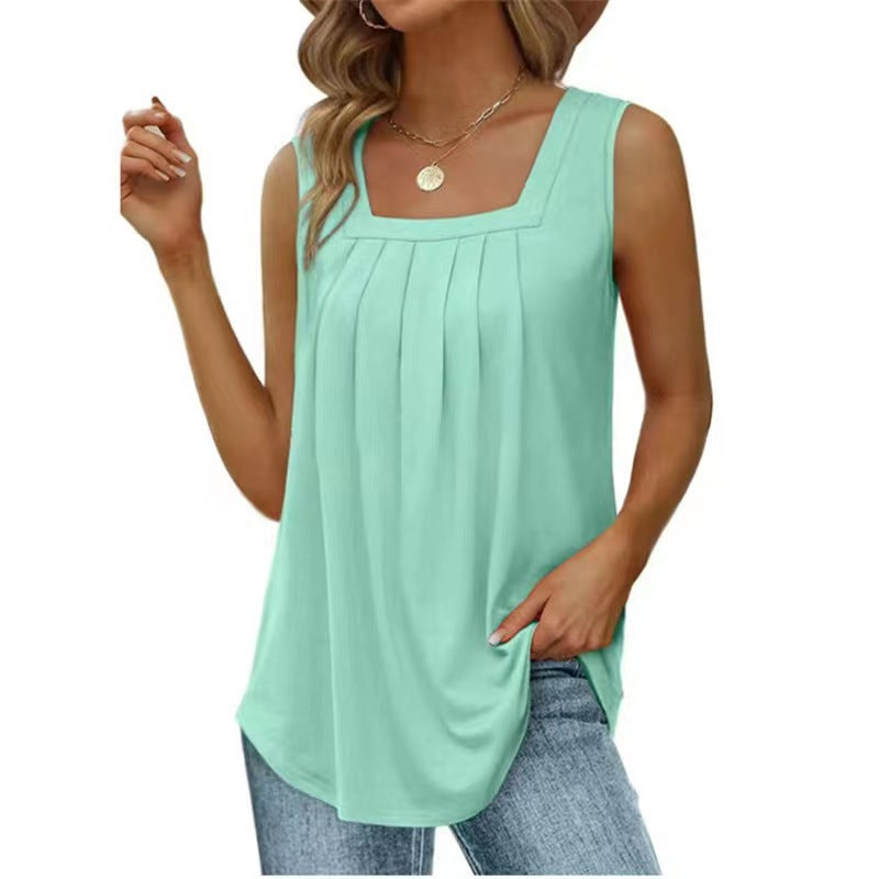 Women's Pleated Square Collar Sleeveless Dovetail T-shirt Tops