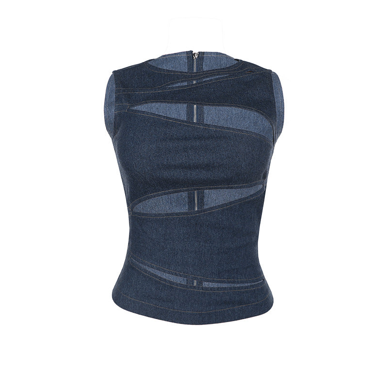 Hauts sexy en denim imitation découpé pour femme