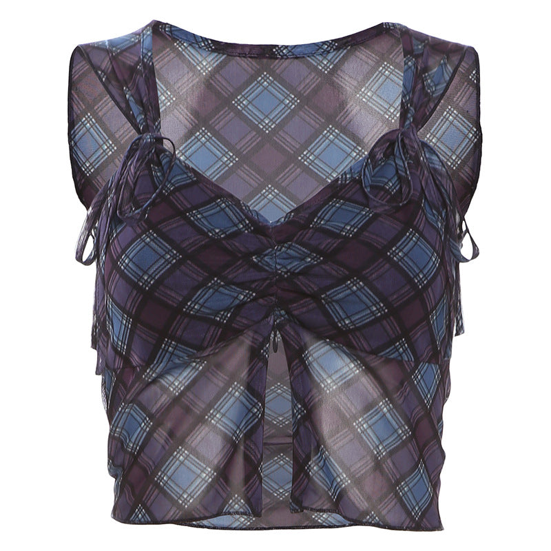 Women's Glamorous Summer Pleating Plaid Slim Tops