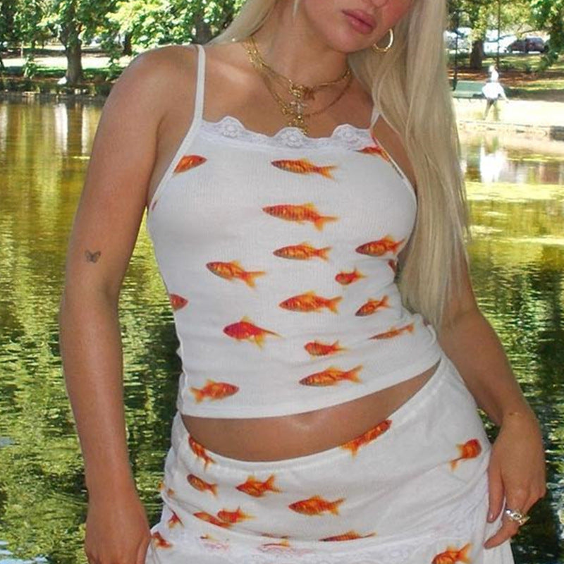 Sexy Camisole Fashion Goldfish Pattern Casual Skirts