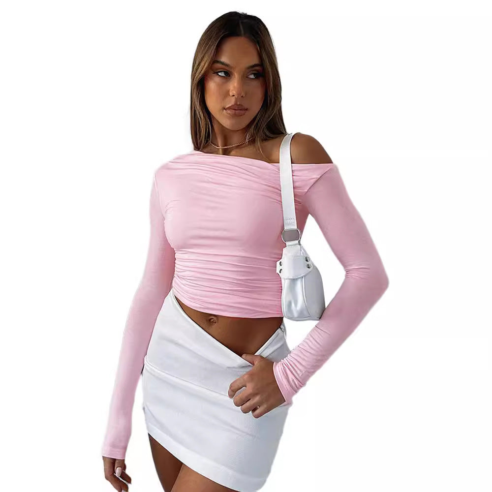 Women's Shoulder Asymmetric Solid Color Long Sleeve Sexy Tops