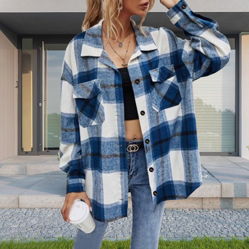 Women's Fashion Urban Style Loose Single-breasted Plaid Coats