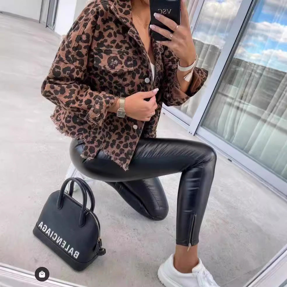 Women's Washed Old Leopard Print Frayed Hem Jackets