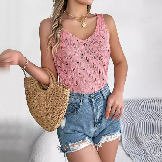 Women's Summer Solid Color Hollow Leaves Sleeveless Knitwear