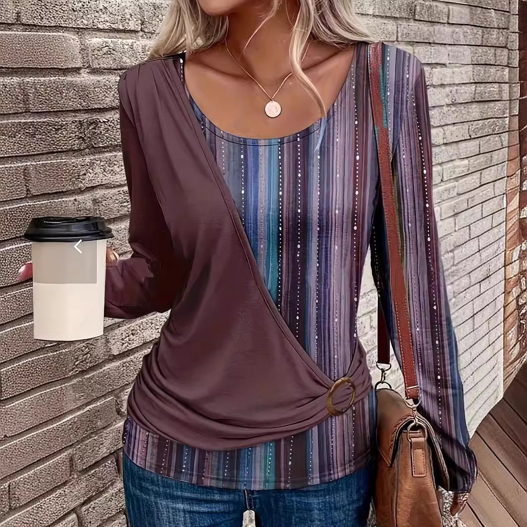 Women's Round Neck Solid Color Stitching Printing Blouses