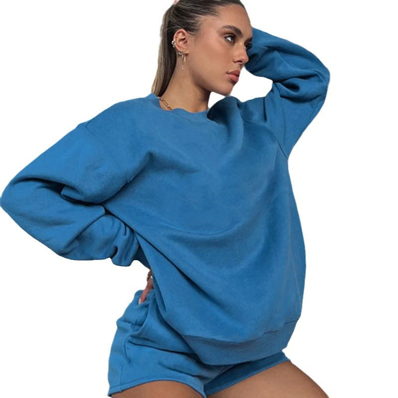 Ensemble pull-over à manches longues et col rond pour femme, couleur unie