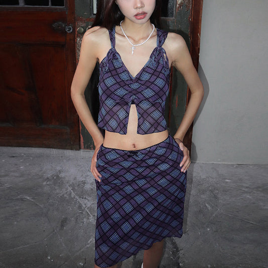 Women's Glamorous Summer Pleating Plaid Slim Tops