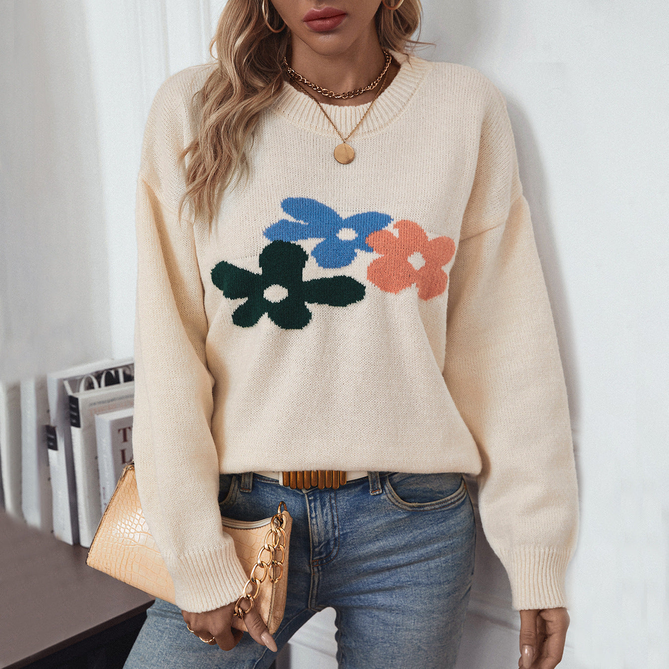 Pulls à col rond décontractés à la mode pour femmes avec motif floral