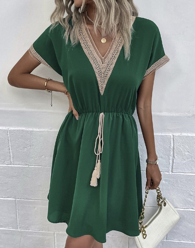 Solid Color Sleeve Lace Waist Dress Dresses