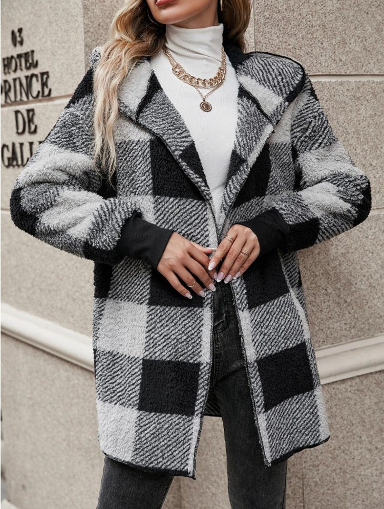 Women's Popular Loose Plaid Fur Fashion Coats