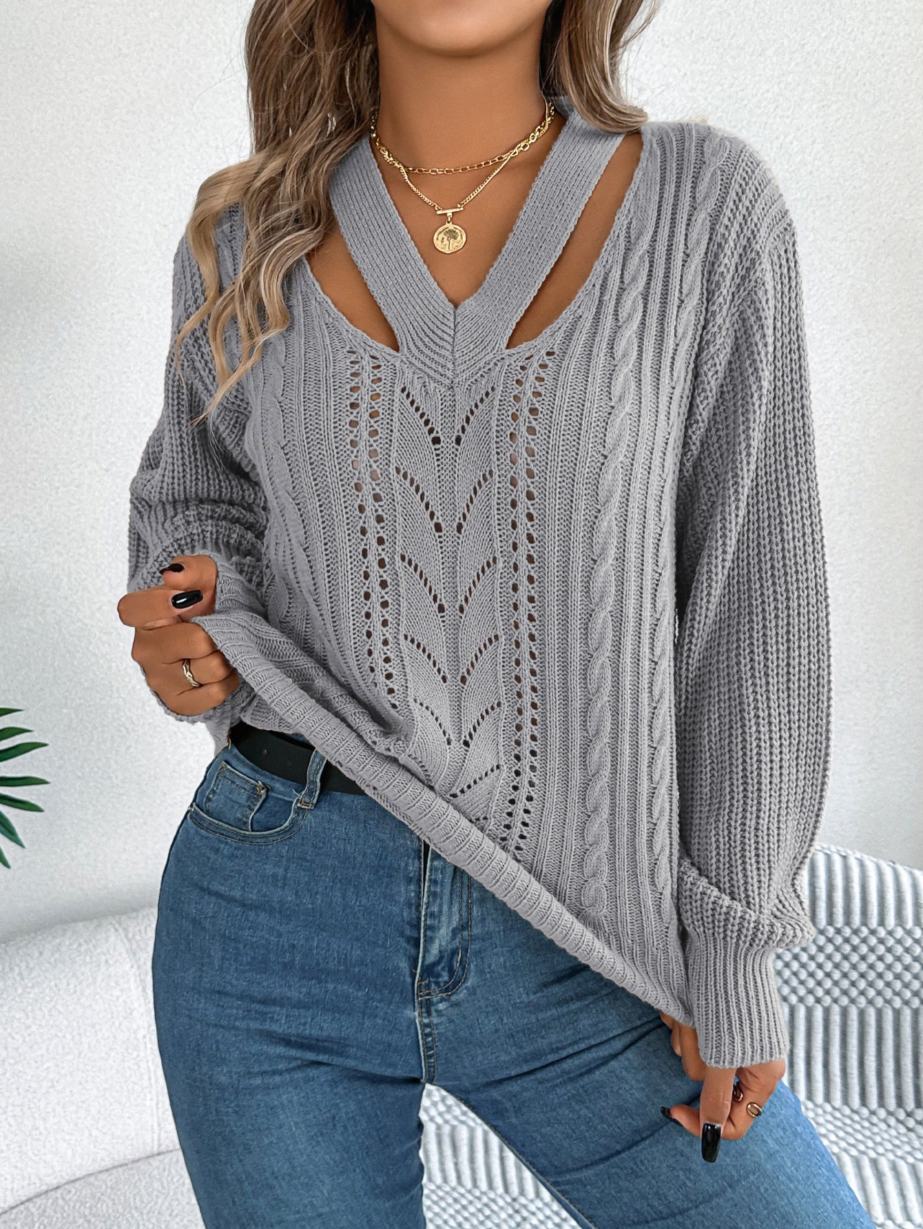 Women's Casual Hollow Out Twist Lantern Sleeve Sweaters