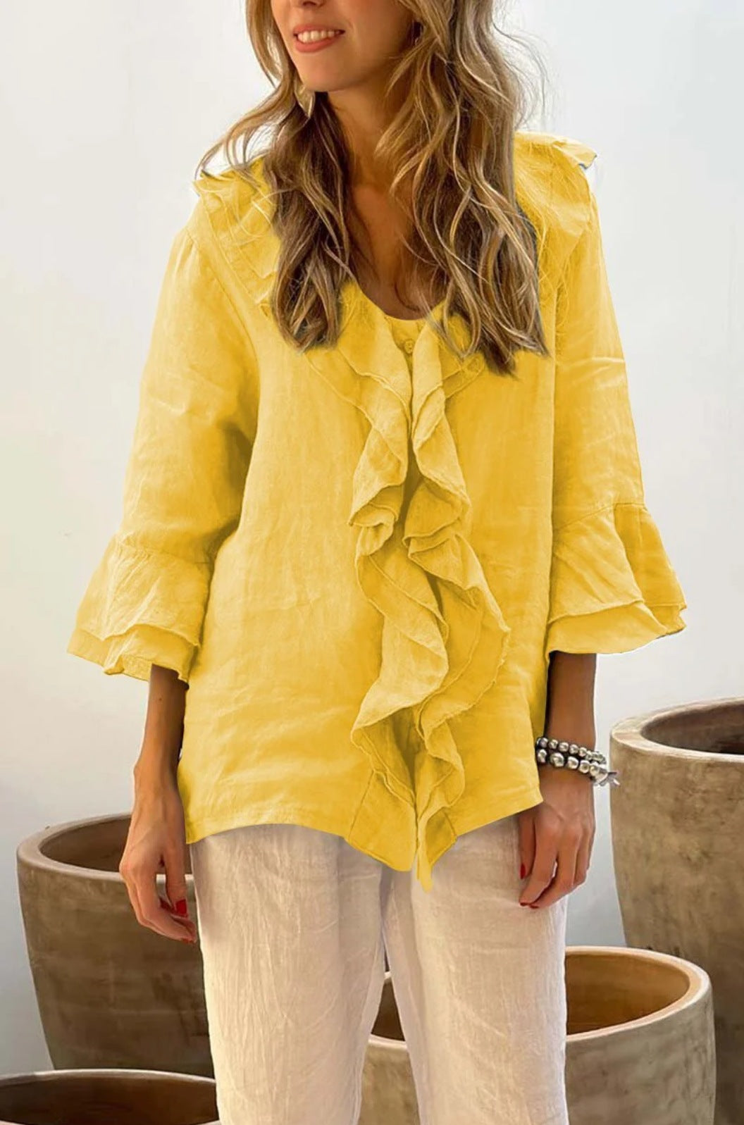 Autumn Solid Color Flying Sleeves Ruffled Blouses