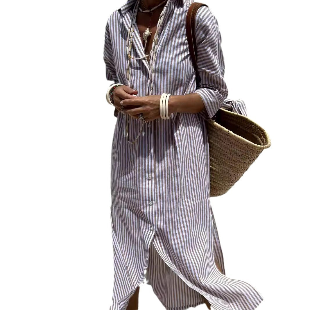 Women's Half Sleeve Striped Lapel Shirt Dress Cardigans