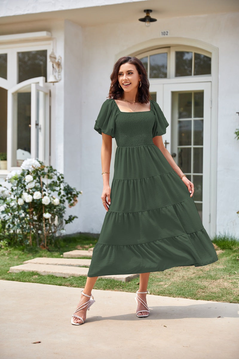 Women's Summer Square Collar Backless Puff Sleeve Dresses