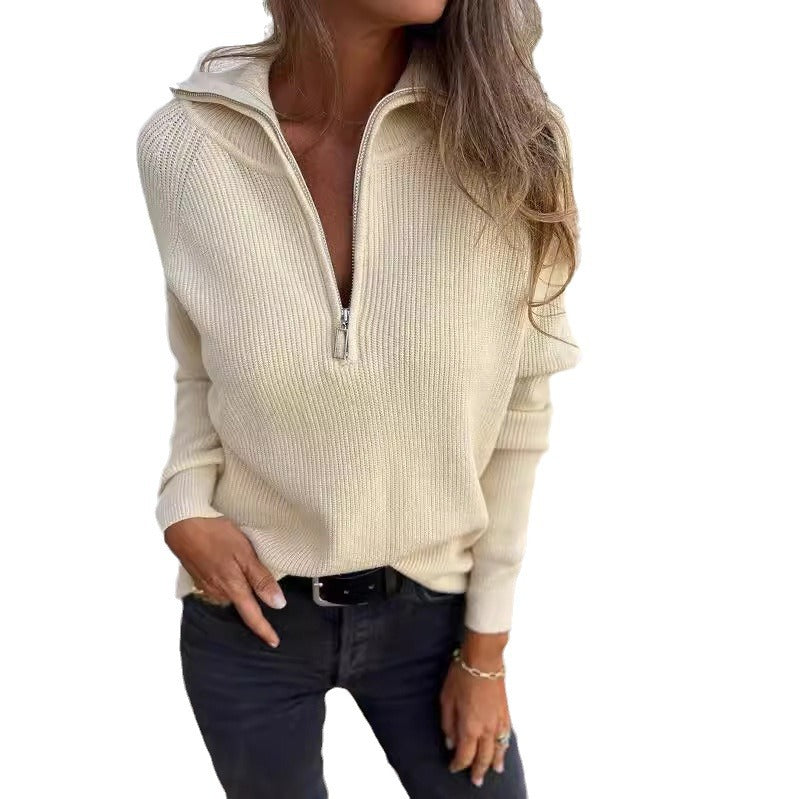 Women's Casual Solid Color Long-sleeved Zipper Pullover Knitwear