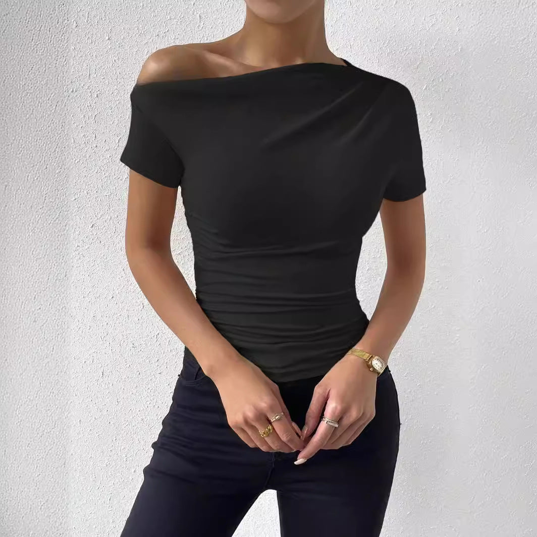 Slim Fit Pleating Irregular Sleeve T-shirt Blouses