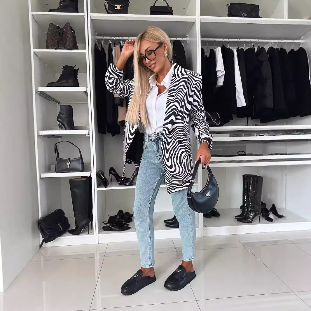 Women's Fashion Personality Zebra Pattern Long Sleeve Coats