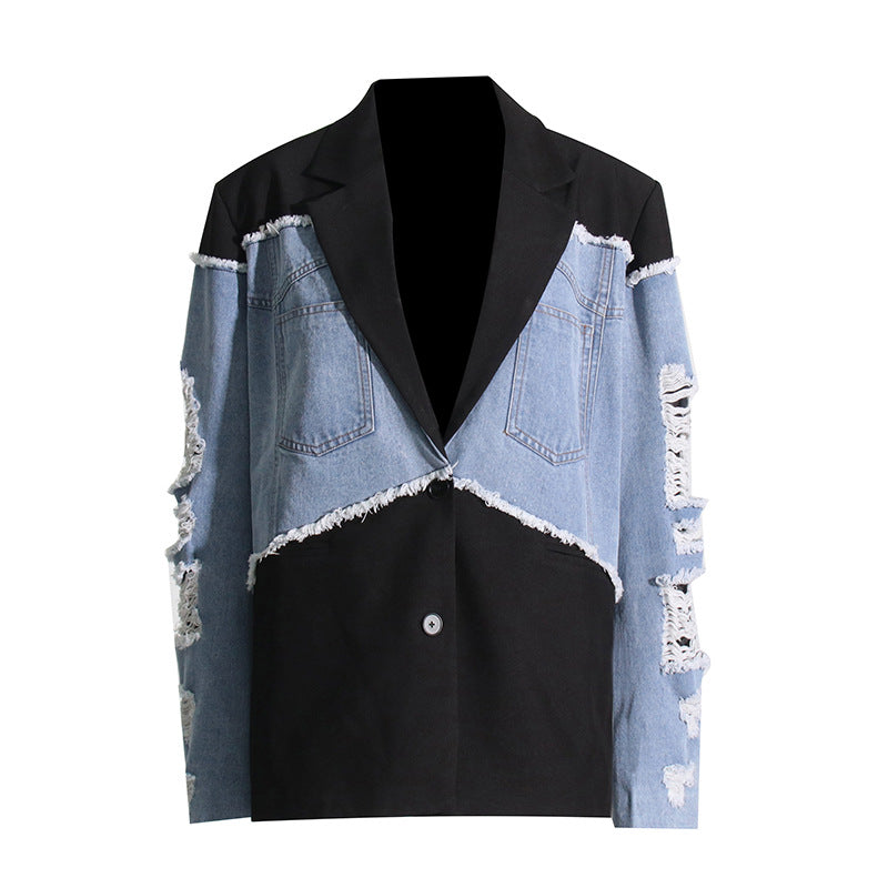 Women's Retro Trendy Denim Splicing Autumn Design Loose Blazers