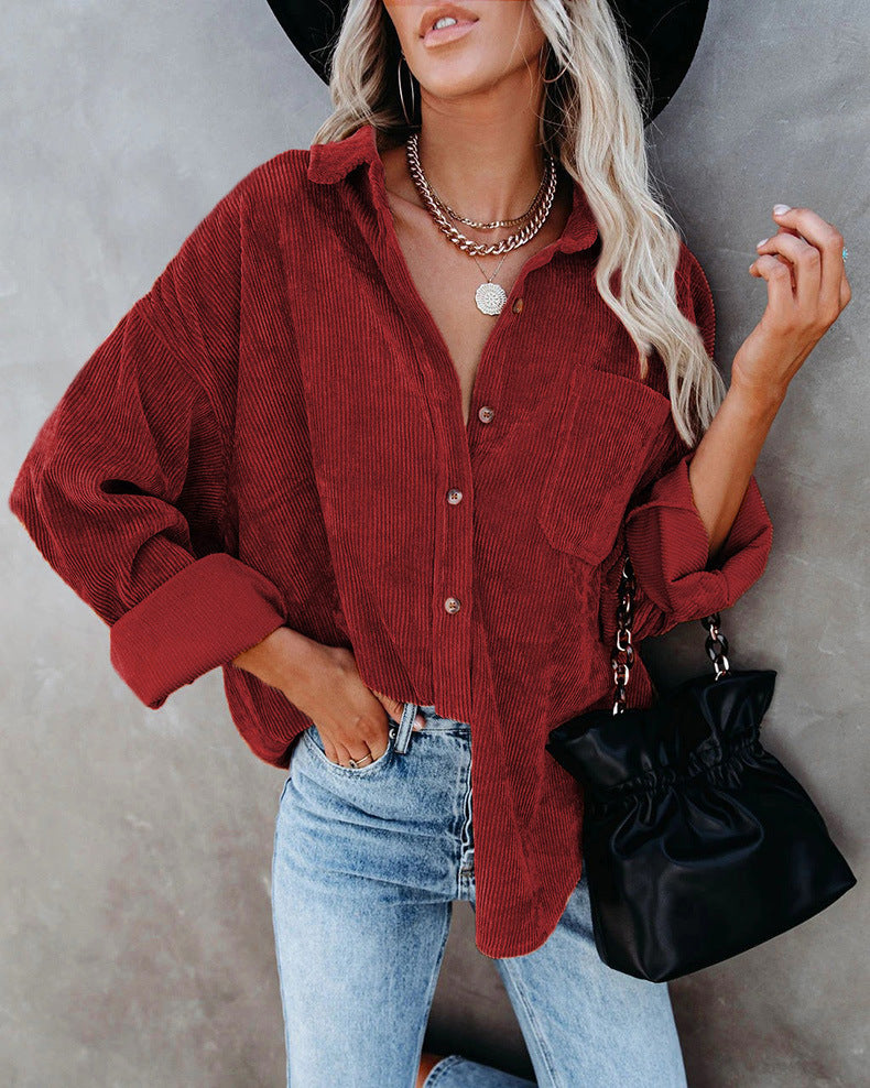 Women's Shirt Solid Color Polo Collar Corduroy Blouses