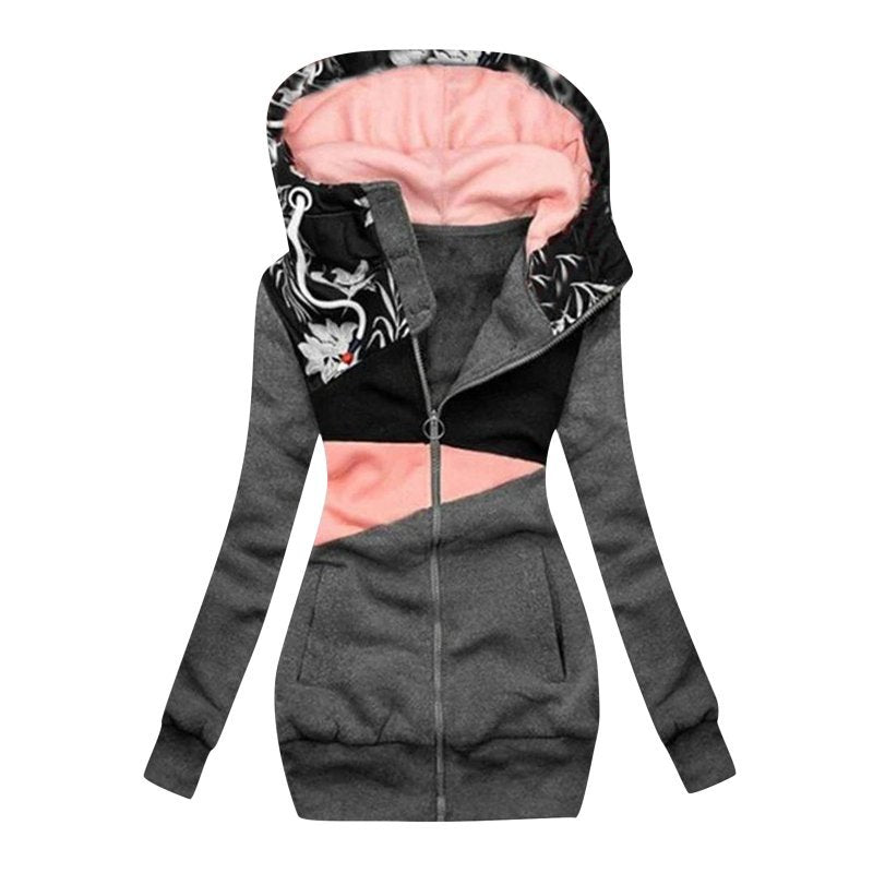 Women's Zipper Color Matching Printed Hooded Long Tops