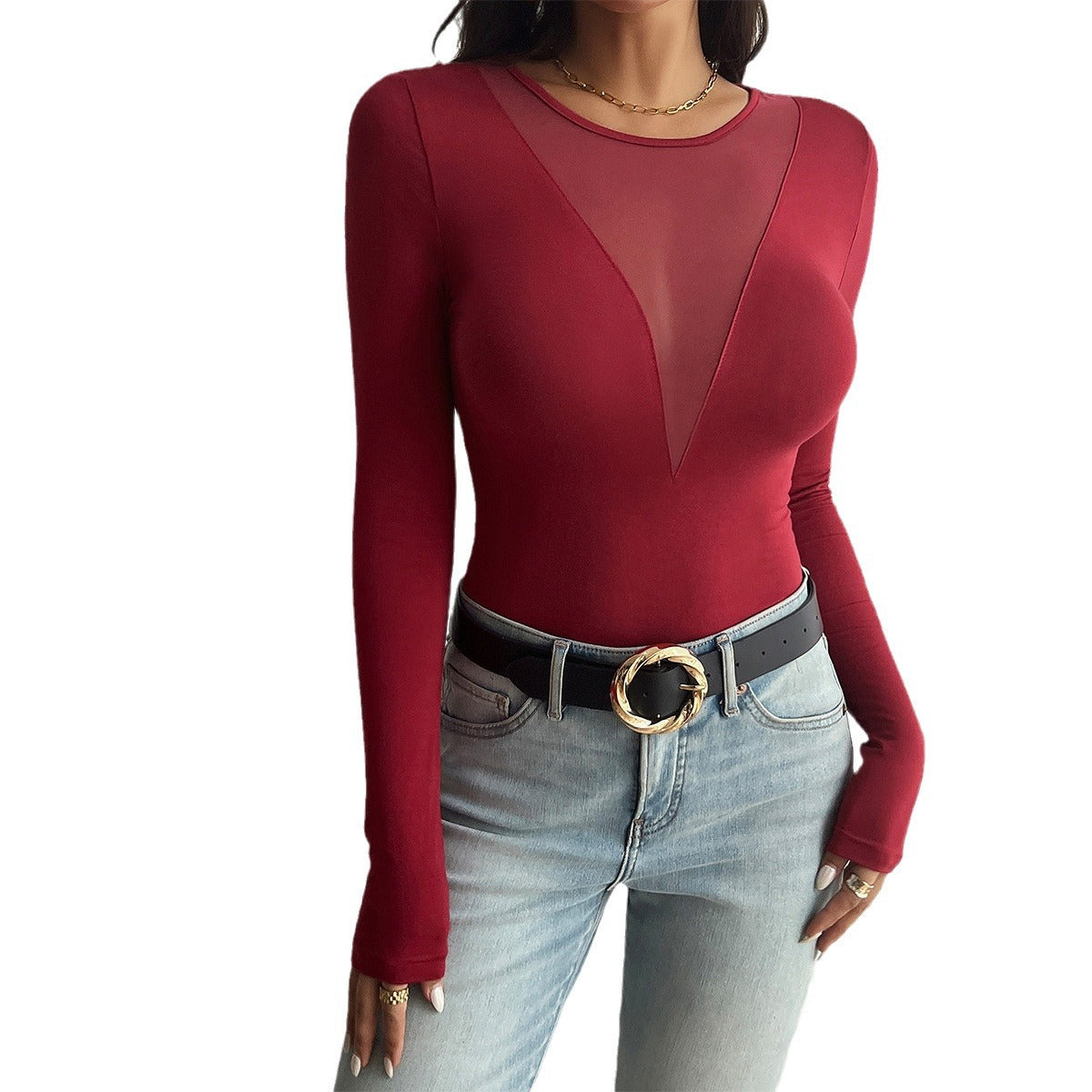 Women's Sexy Deep V Stitching Long Sleeve Blouses