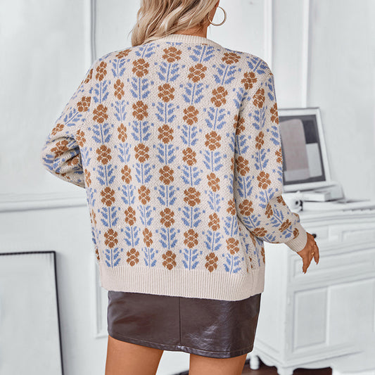 Women's Flower Brocade Single-breasted Long Sleeve Sweaters