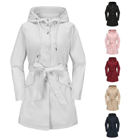 Women's Hooded Waterproof With Belt Thin Casual Coats